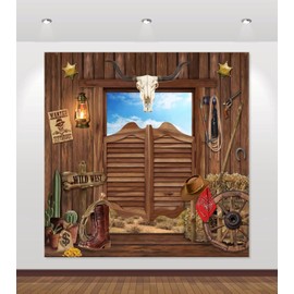 Western Backdrop 8x8ft Western Cowboy Party Decoration Banner Wild West Rodeo Decor Country Saloon Bar Rustic Wooden Barn Door Photo Background for Kids Boy Birthday Baby Shower Western Party