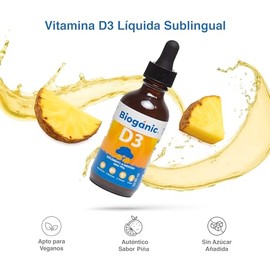 Vitamina D3 Líquida Sublingual Bioganic | 600 porciones | 400 UI por porción | Sabor Piña | Presentación Envase Individual de 60 ml