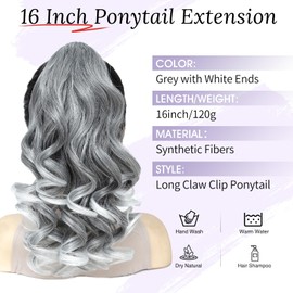Wirctp Ponytail Extension,16" Claw Clip in Ponytail Extensions Long Curly Ponytail Hairpiece for Women Fluffy Natural Synthetic Pony Tails for Daily Use(Grey with White Ends)