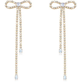 Nanafast Bow Rhinestone Earrings Long Dangle Drop Chandelier Tassel Bow Earrings for Women Wedding Bridal Earrings Party Prom Earrings for Birthday Mother’s Day Christmas-Gold 4.33"