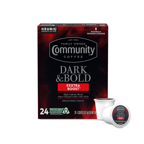 Community Coffee Dark & Bold Exxtra Boost 24 Count Coffee Pods, Compatible with Keurig 2.0 K-Cup Brewers