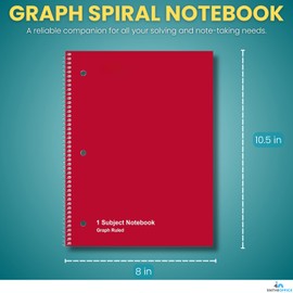 1InTheOffice Graph Paper Notebook, Spiral Paper Notebook, Quad Ruled 8"" x 10.5"", 5 Squares Per Inch, 70 Sheets/Pack, 4 Pack