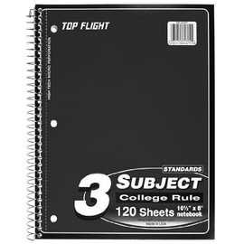 Top Flight Standards 3-Subject Wirebound Notebook, 120 Sheets, 3-Hole Punched, College Rule, 10.5 x 8 Inches, 1 Notebook, Color May Vary (31804)