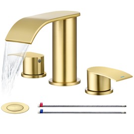 Ultimate Unicorn 8 inch Bathroom Faucet Brushed Gold, Waterfall Bathroom Sink Faucet with Metal Pop-up Sink Drain Stopper and 2 Supply Hoses,2 Handle Widespread Faucet for Vanity Sink 3 Holes