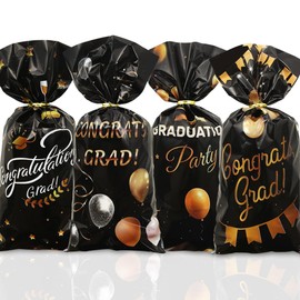 Graduation Cellophane Treat Bags, 100 Pieces Congrats Grad Balloons Star Cap Champagne Print Black and Gold Plastic Cello Candy Cookies Goodie Gift Bags for Ceremony Party Celebrations Supplies