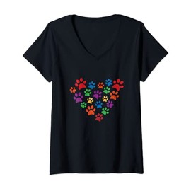 Womens Colorful grunge paw prints in heart shape for cat or dog V-Neck T-Shirt