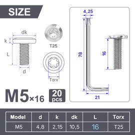 Wavanta 20 Pcs M5 Bolts, M5 x 16mm Flat Head Torx Bolts Screws, Furniture Screws, 304 Stainless Steel, Full Thread, with Torx Key
