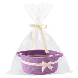 HomeyPine Empty Gift Bowknot Basket with Ribbons and Bow and Gift Bags, Decorative Baby Gift Baskets Empty Small Woven Rope Cat Dog Toys Basket with Handles, Purple