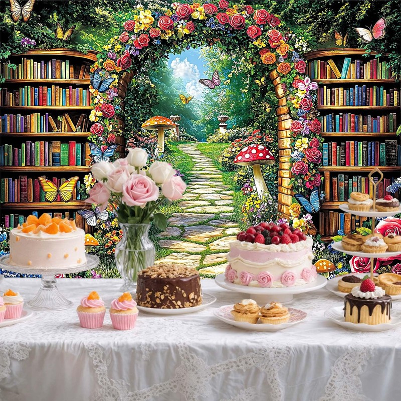 Fairy Library Backdrop,Magic Bookshelf Garden Reading Theme Party Banner,Enchanted Forest