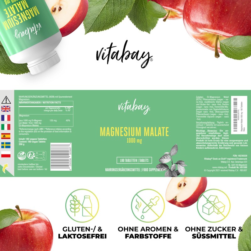 Magnesium Malate 1000 mg - 180 Vegan Tablets