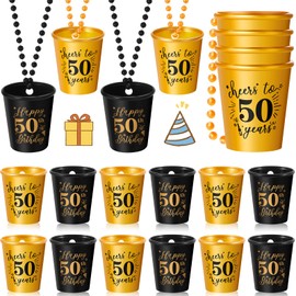 12 Collar de Vasos de Chupito de 30th 40th 50th 60th 70th Vaso de Chupito de Plástico de Cumpleaños en Collar con Cuentas para de Aniversario Fiesta de Cumpleaños, Oro y Negro (50th)