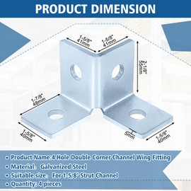 Shimeyao 4 Pcs 4 Hole Double Corner Channel Wing Fitting, Galvanized Steel Wing Shape 90 Degree Fitting Bracket Fit for 1/2" Bolt in 1-5/8" Strut Channel