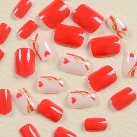 Vezocim Press on Nails Square Short Length Red Glossy Full Cover Coffin Fake Nails with Heart Designs Artificial Square False Nails with Glue Stick on Fingernails for Women Girls