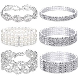 EIELO - Juego de 6 pulseras elásticas de diamantes de imitación para mujer, vidrio transparente brillante, boda, dama de honor, pulsera elástica apilable, perlas elásticas de revestimiento múltiple,