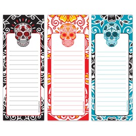 Guajolote Prints Magnetic Notepads for Refrigerator, Flower Skulls Designs, List Pad, Shopping Pads, 3-Pack, 3.5 x 9 Inches, 50 Sheets Per Notepad.