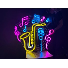 Saxophone & Music Wall Art, Neon Metal Wall Art, Music Wall Decor, LED Light Decoration, Home Office Hotel Pub Bar Cafe Wall Decor (Without Remote Control)