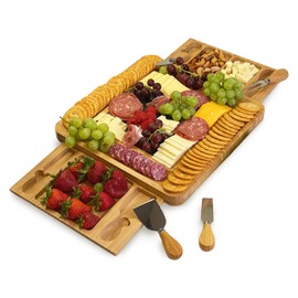 Bam & Boo Natural Bamboo Charcuterie Board Set with Included Cheese Knives - Cheese & Meat for Anniversaries, Gifts, Weddings, House Warming, Parties (Large, 13” x 13” x 2”)