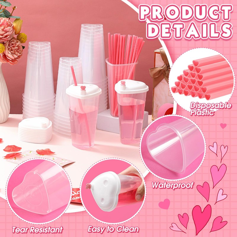 Potchen 60 Set Heart Shaped Plastic Cups with Straws 16