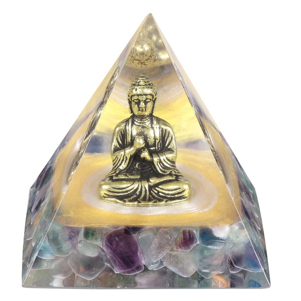 KYEYGWO Fluorite Healing Crystal Pyramid Stone with Brass Buddha Figure,