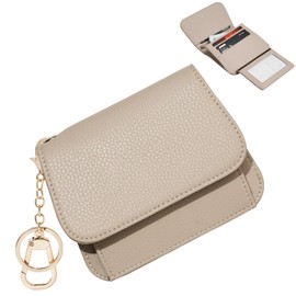 Sunpour Small Wallet for Women RFID Blocking Keychain Wallet Slim Tri-Fold Credit Card Holder with Zipper Coin Pocket and Id Window, Camel, Keychain Wallet