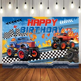 Obussgar Monster Truck Party Decorations, Monster Truck Birthday Party Backdrop Supplies, Monster Truck Happy Birthday Backdrop for Kids Birthday Party Decoration