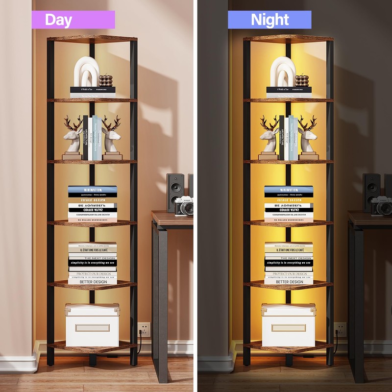 TUTOTAK Corner Shelf with LED Light, 6-Tier Corner Bookshelf for
