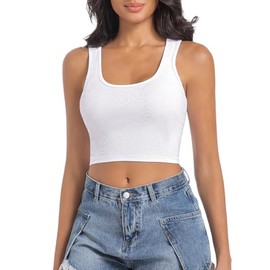 SanxiawaBa Women's Sleeveless Crop Tops Scoop Neck Trendy Ribbed Summer Casual Basic Tanks Top White M