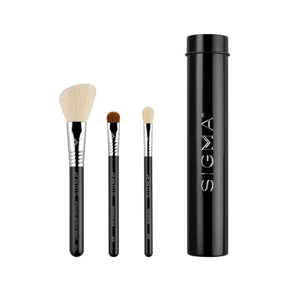 Sigma Beauty Travel Essential Trio - Juego de brochas de maquillaje para base en polvo, sombra de ojos, 3 brochas de herramientas con soporte de lata, color negro