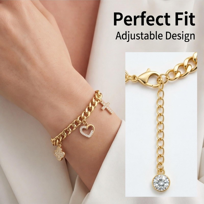 JTK Design Women Curb Chain Charm Bracelet Faith Love Lucky