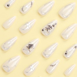 Press on Medium Nails Almond Shaped Glossy Full Cover Pointed Almond Acrylic French False Nails with Designs Artificial Almond Fake Nails with Charms Glue Stick ons Fingernails for Women(JP2827)