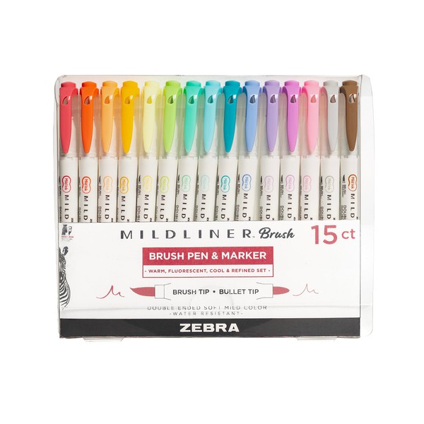 Zebra Pen Mildliner Brush Marker, Double Ended Brush and Fine Tip Pen, Assorted Soft Colors, 15 Count (Pack of 1)