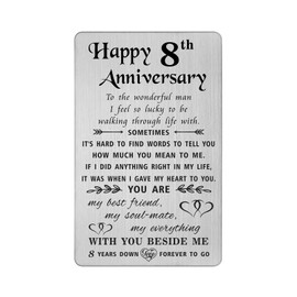 TANWIH 8th Anniversary Card for Husband - 8 Years Down Forever to Go - 8 Year Wedding Anniversary Card Gifts for Him Men, Engraved Metal Wallet Card