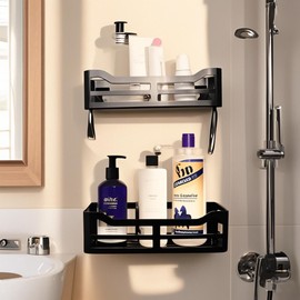 JiePai Acrylic Shower Caddy Basket Shelf with Hooks,Adhesive Shower Shelves Wall Mounted Bathroom Storage Shampoo Organizer, Kitchen Shelf 2 Pack