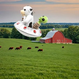 Bella Haus Christmas Shoppe Flying Saucer Ornament with Alien Abduction Twist | Hilarious UFO & Cow Christmas Decoration | Ideal for Secret Santa and White Elephant Gift Exchanges
