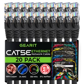 GearIT 20-Pack, Cat5e Ethernet Patch Cable 1 Foot - Snagless RJ45 Computer LAN Network Cord, Black