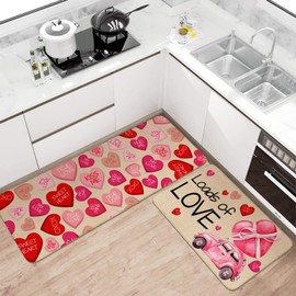 Valentines Day Kitchen Mat Set 2 Piece,Valentine's Day Truck Hearts Kisses Hugs Decorative Kitchen Rugs,Valentines Wedding Low-Profile Mats for Home Kitchen Decor 17"x48"+17"x30"(Loads of Love)