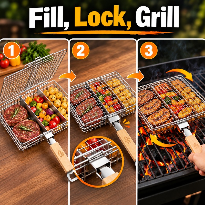 Stainless Steel Grill Basket with Removable Divider – Reusable BBQ
