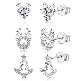 YADOCA 3 Pairs Sterling Silver Christmas Earrings Christmas Gifts for Women Girls Children Hypoallergenic Elk Christmas Tree Snowflake Earrings Christmas Decoration, Sterling Silver