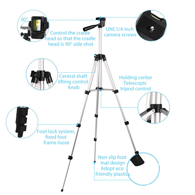 Camera Tripod with Mobile Phone Holder Portable Extendable Travel Camera