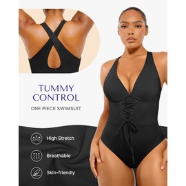 SHAPELLX Women One Piece Swimsuits Tummy Control Bathing Suits Push Up Slimming Swimwear with Built-in Bra V Neck, Black, XX-Large
