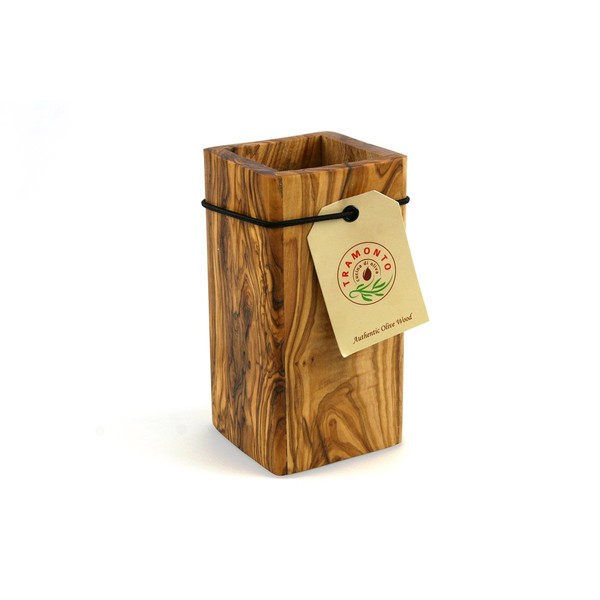 Tramanto Olive Wood Utensil Holder 6 Inch Tall Square Wooden Crock for Kitchen Tools and Cooking