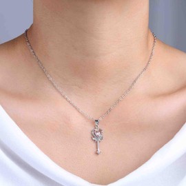 Pink Crystal Heart Pendant Necklace Silver Double CZ Heart Necklace Choker Key Rhinestone Bar Necklace Fine Thin Chain Delicate Necklace Minimalist Delicate Simple Women Wedding Jewellery, Zinc