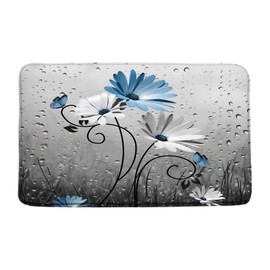 Rustic Farmhouse Blue Floral Bath Mat Farm Daisy Flower and Butterfly Country Gray Rain Drop Boho Bathroom Decor Rug Floor Carpet