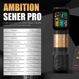 Ambition Seher Pro Tattoo Gun Wireless Tattoo Pen Machne with 2400mAh Large-display Billing Function Battery, Adjustable Stroke Rotary Coreless Motor 42mm Grip Tattoo Supply for Professional Artists