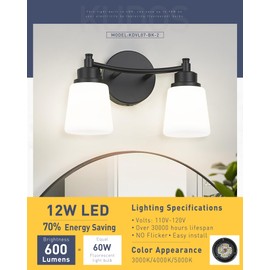 kudos Black Bathroom Light Fixtures Over Mirror, 21 Inch 3-Light Bathroom Vanity Light with Milk Glass, Modern LED Wall Sconce, 3000K/4000K/5000K Adjustable, KDVL07-BK-3