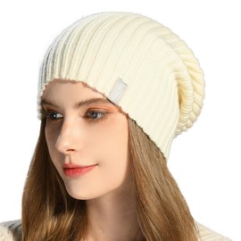 Harikery Luxurious Cashmere Beanie Hat for Women - Unisex Knit Slouchy Beanie for Winter Skull Cap, White, Medium-Large