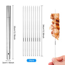 GIRAFEDA Pack of 24 Stainless Steel Barbecue Skewers Flat Kebab Skewers Reusable Metal Skewers Long BBQ Kebab with Storage Tube for Meat Shrimp Chicken Vegetable Kebab (35 cm)