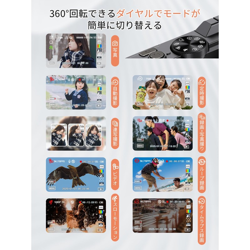 AiMike 5K デジカメ スマホに送れる デジタルカメラ WIFI転送機能 7500万画素 180度回転可ディスプレイ 64GBマイクロSDカード付き 18倍デジタルズーム
