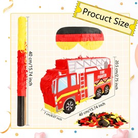 Fire Engine Pinata with Hanging Loop Stick Blindfold and Confetti Fire Truck Pinata for Kids Boy Firefighter Fire Truck Theme Birthday Party Decoration, 16 x 8.1 Inches