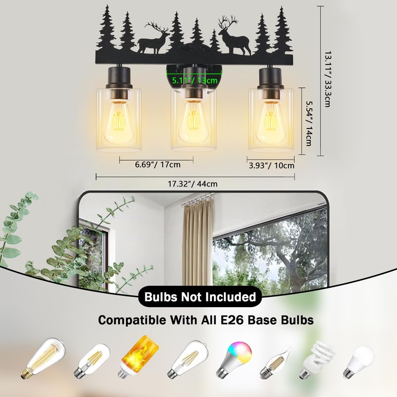 Rustic Bathroom Light Fixtures, 3-Light Farmhouse Vanity Lamp with Deer